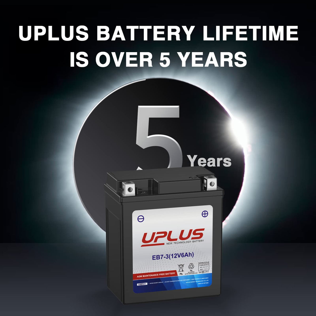UPLUS YTX7L-BS top terminals close-up showing clear polarity and secure connection