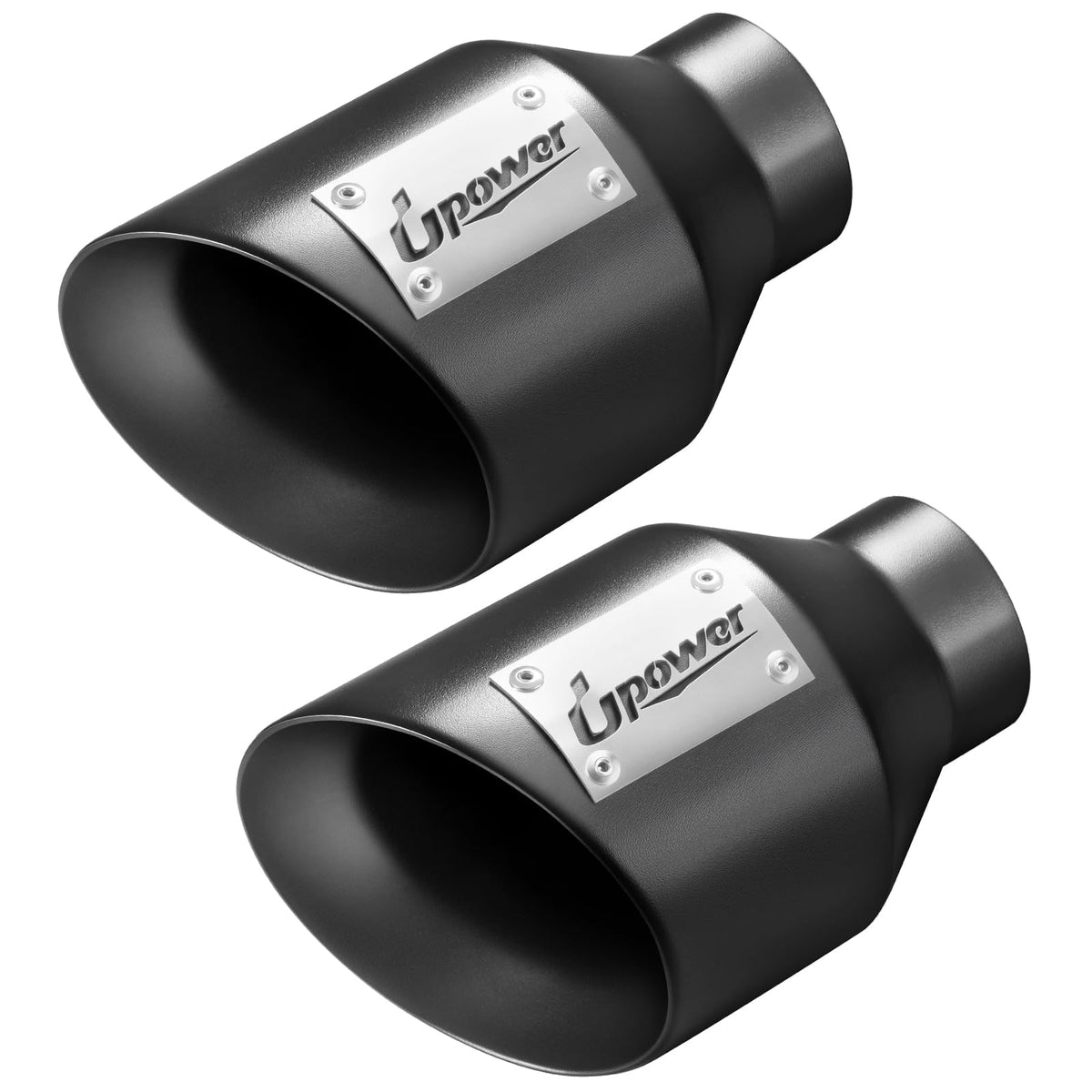 Upower front view of black powder-coated exhaust tip showing bold outlet benefit