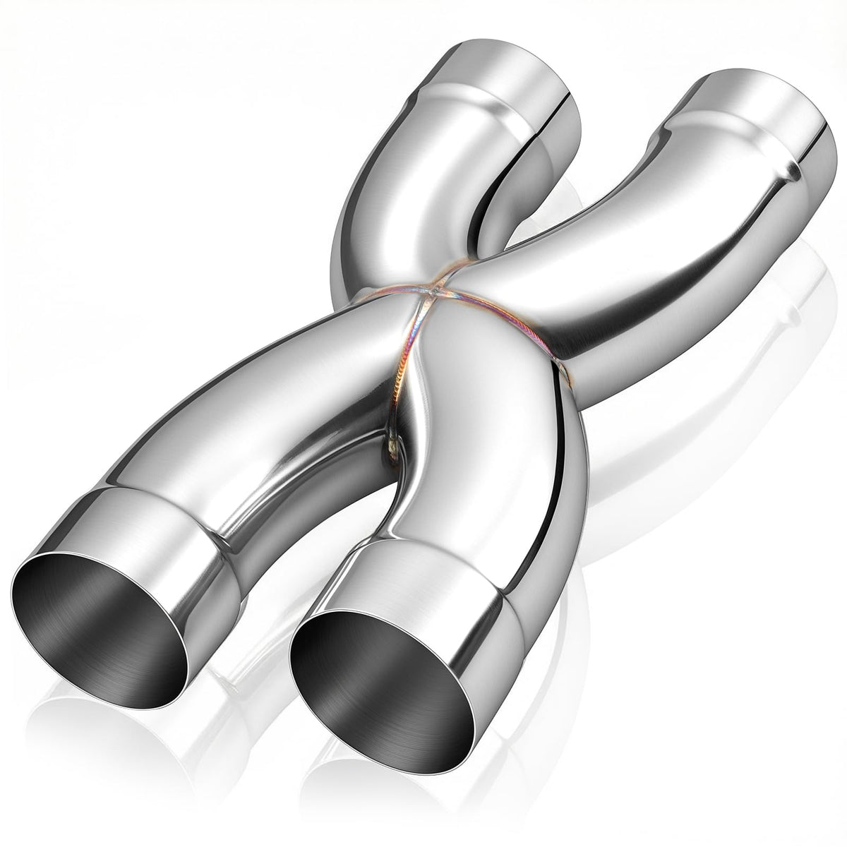 Upower front view polished X-pipe showing shape and fit benefit