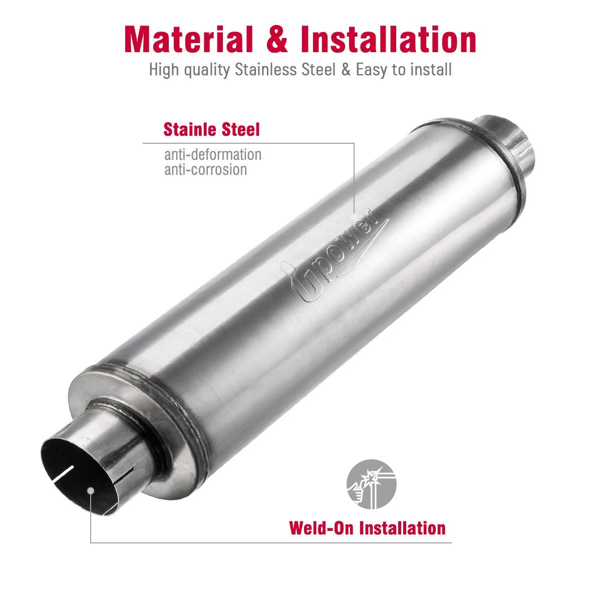 Upower muffler installed on a diesel truck exhaust demonstrating low-restriction fit