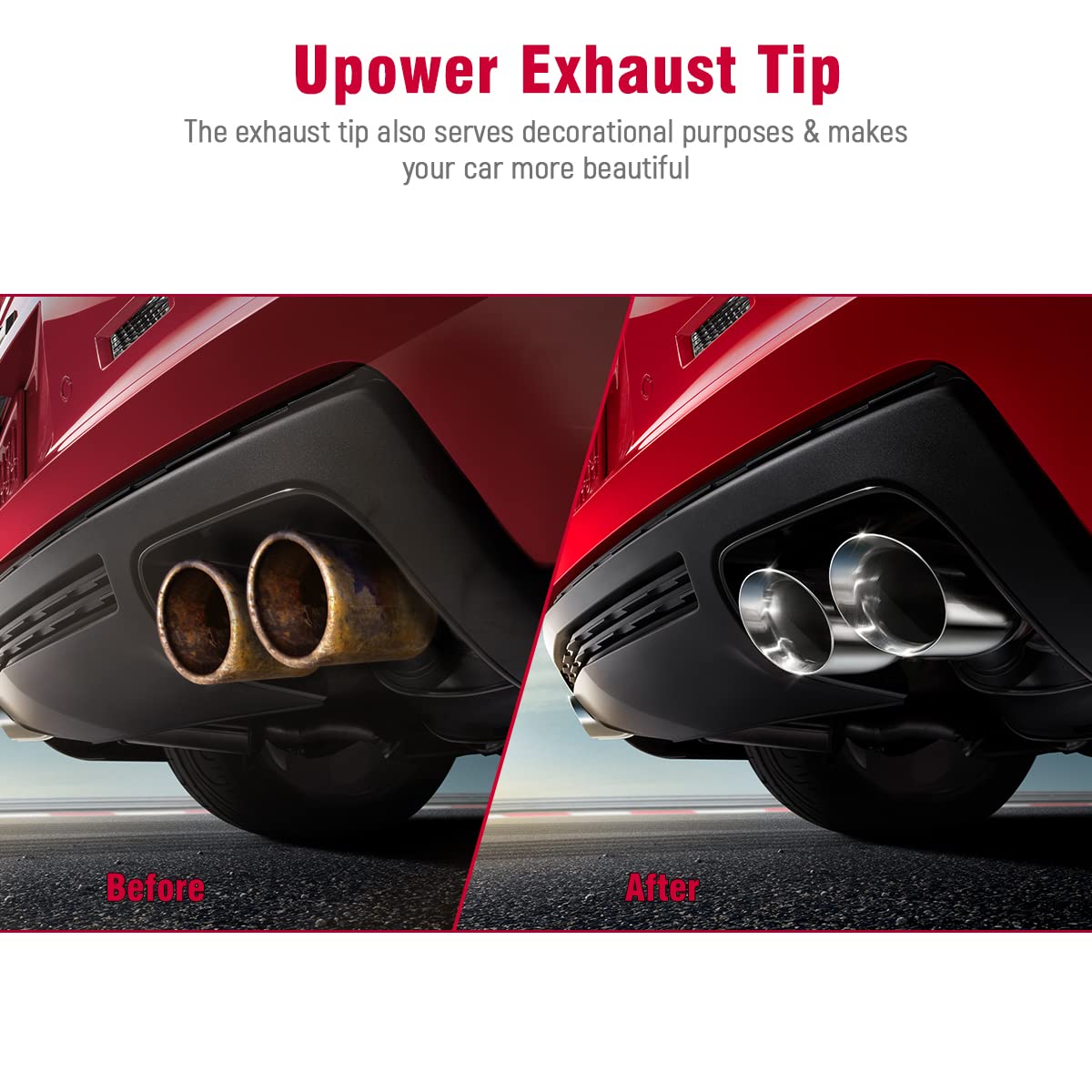 Upower packaged exhaust tip with label visible, ready for professional installation