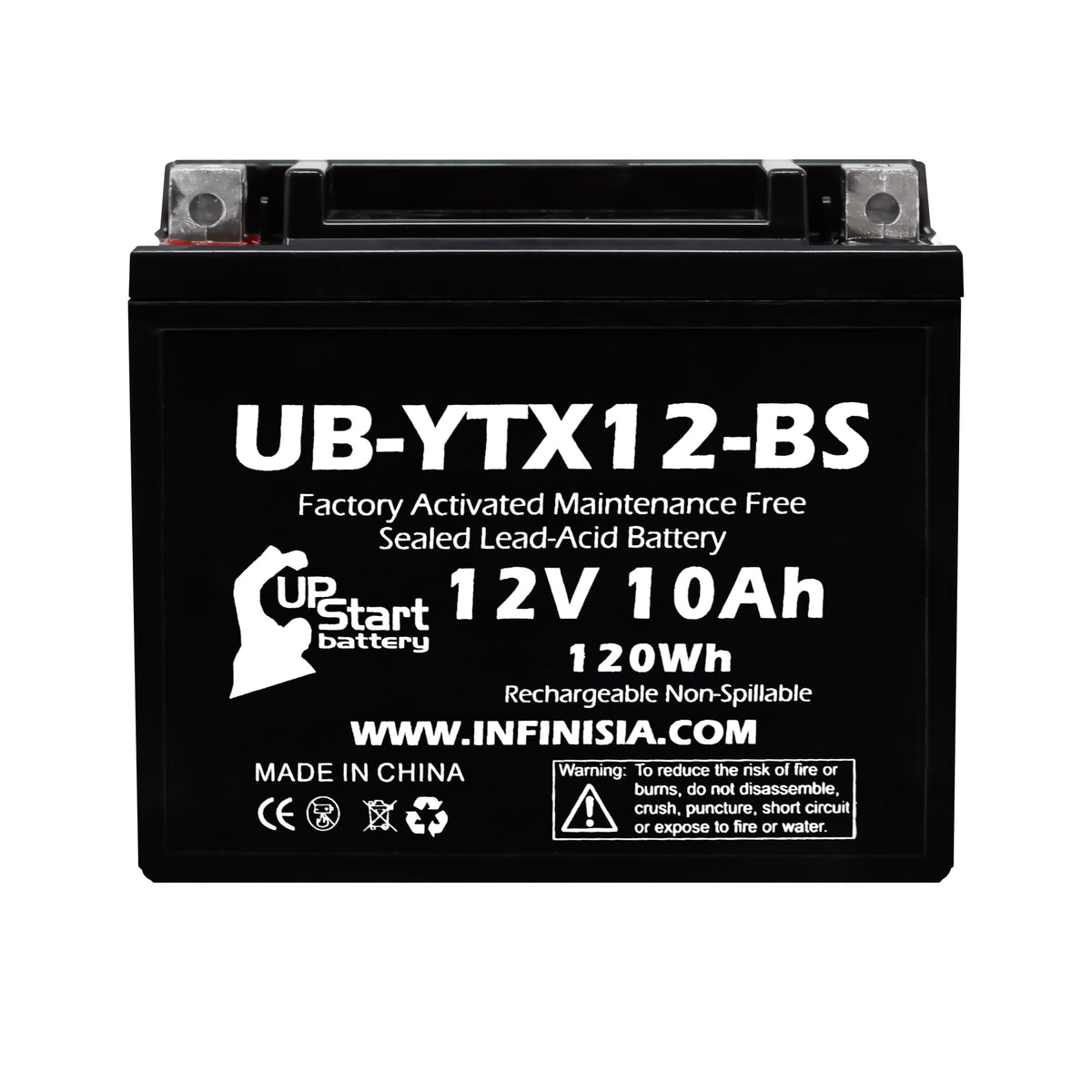 UpStart Battery front view showing sealed case and ready-to-install benefit