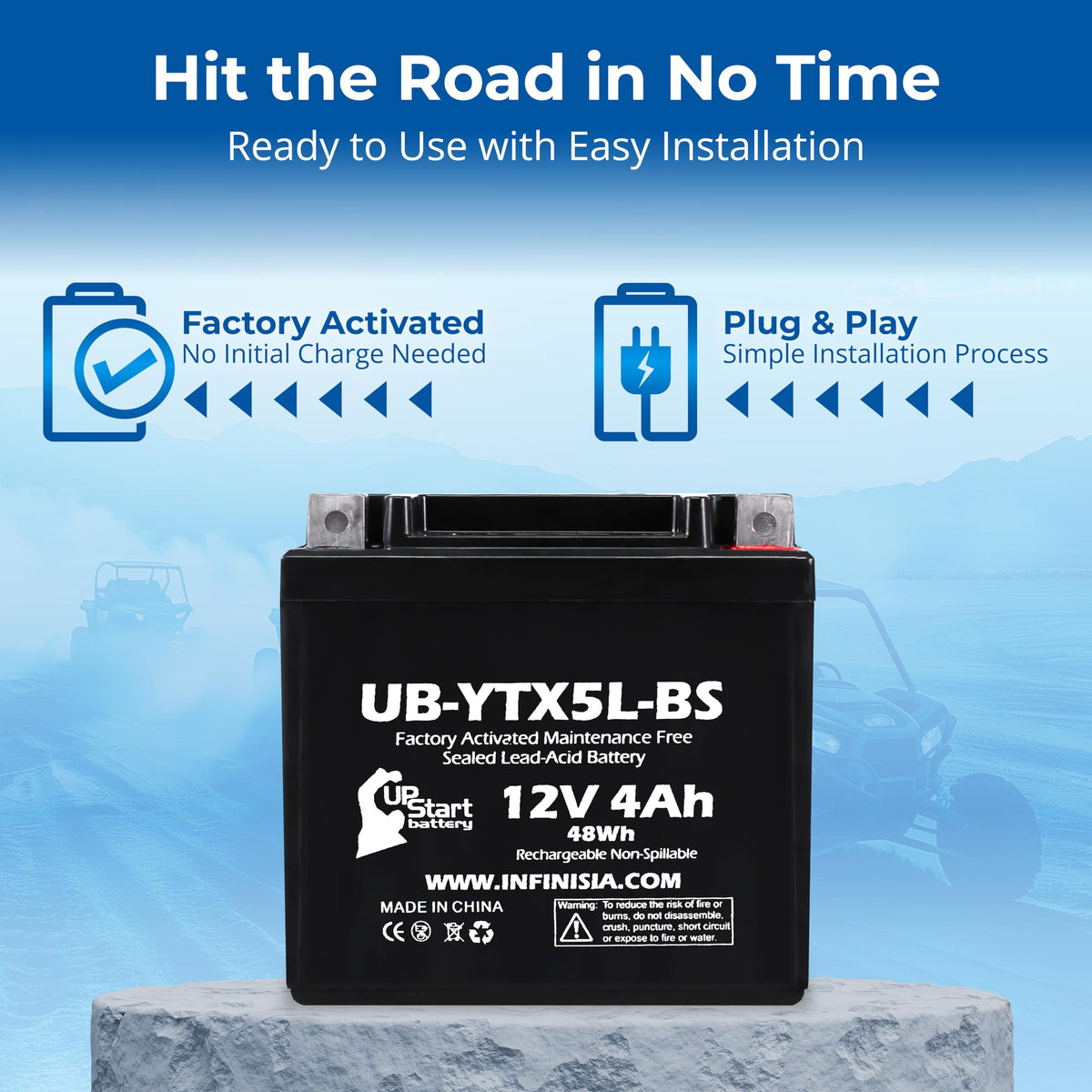 Upstart Battery mounted on dirt bike highlighting reliable starting power in use