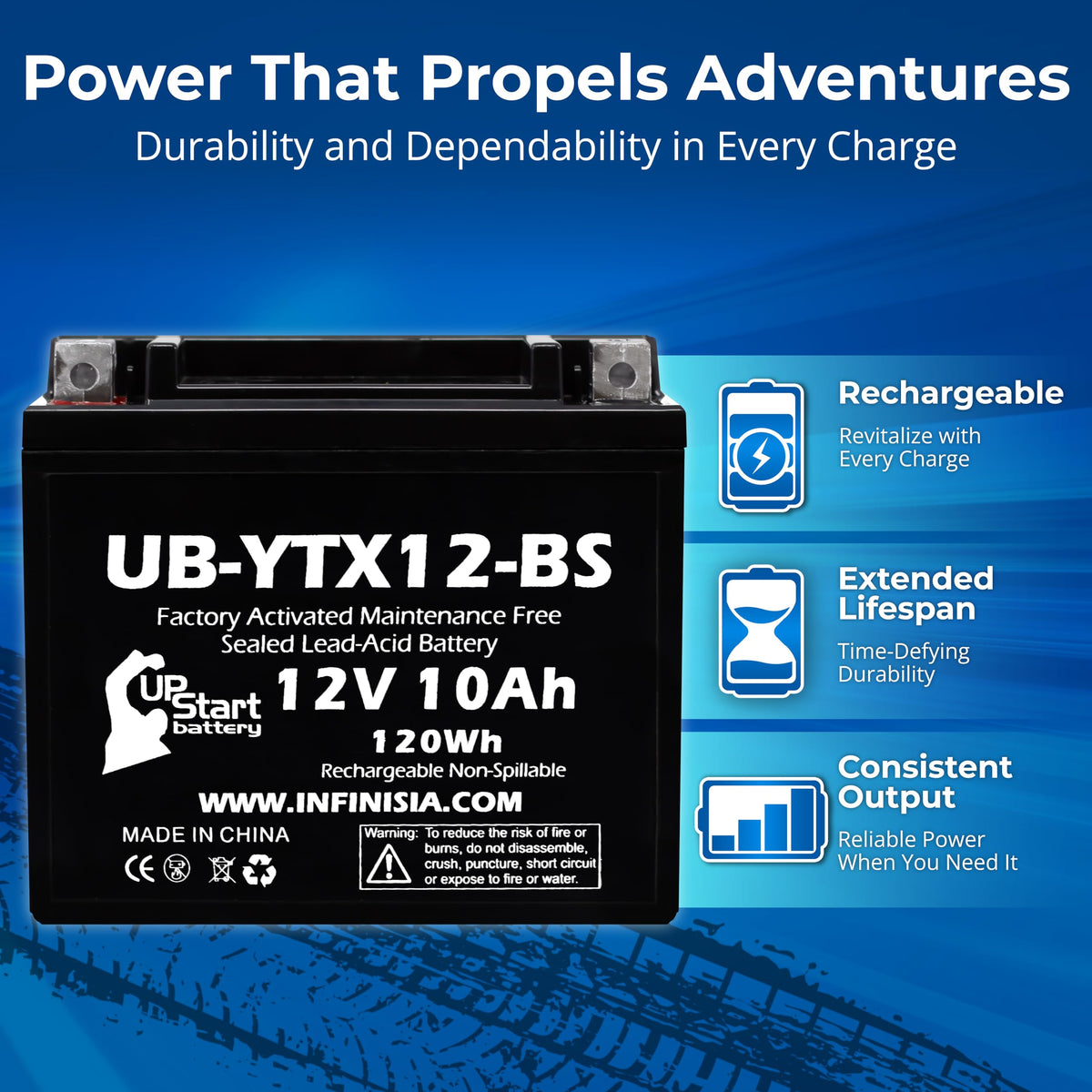 UpStart Battery side label with specifications for easy model matching benefit