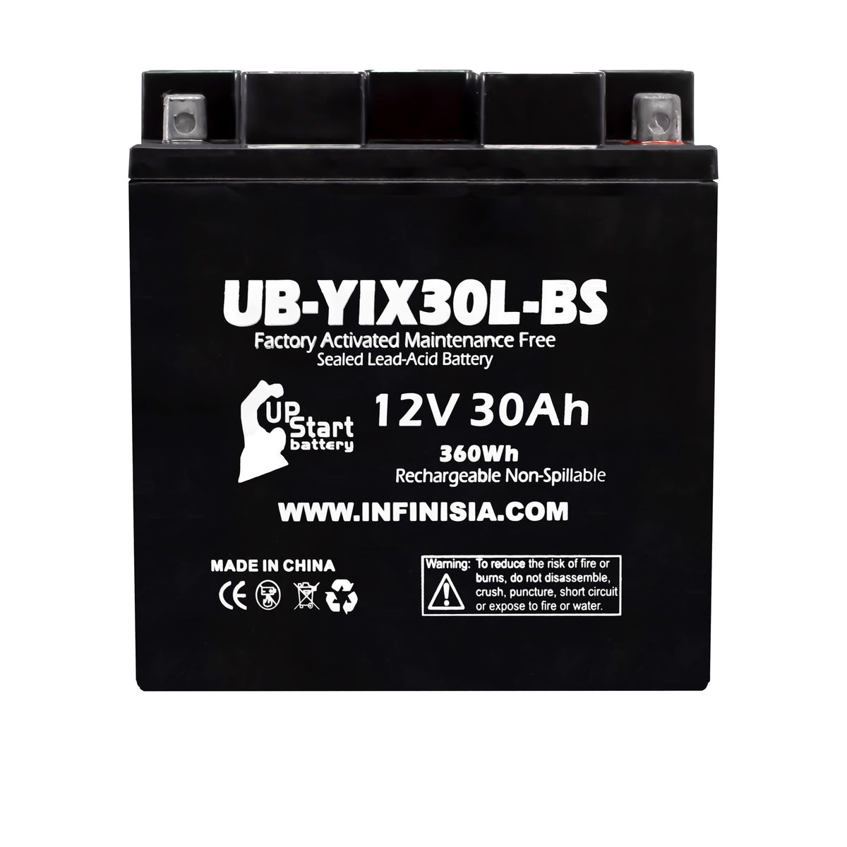 UpStart Battery front view showing compact sealed case and rugged build benefit