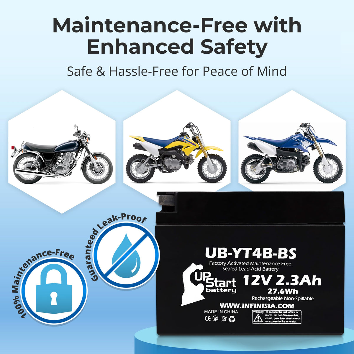 Upstart Battery close-up label showing AGM construction and maintenance-free use