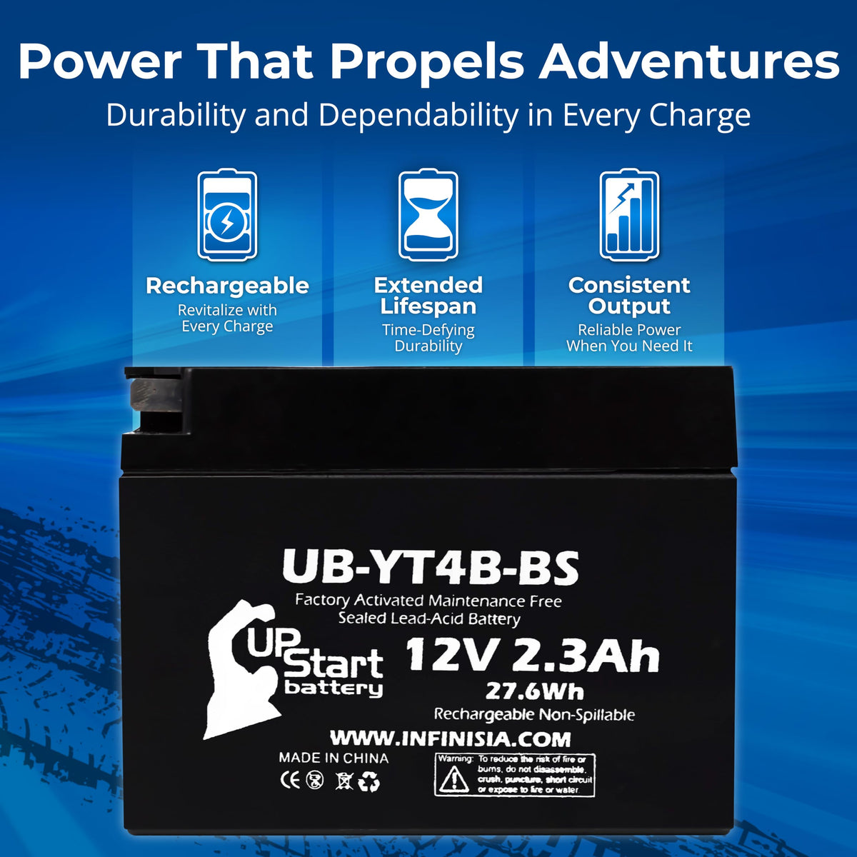 Upstart Battery top terminals close-up showing YT4B-BS secure connections