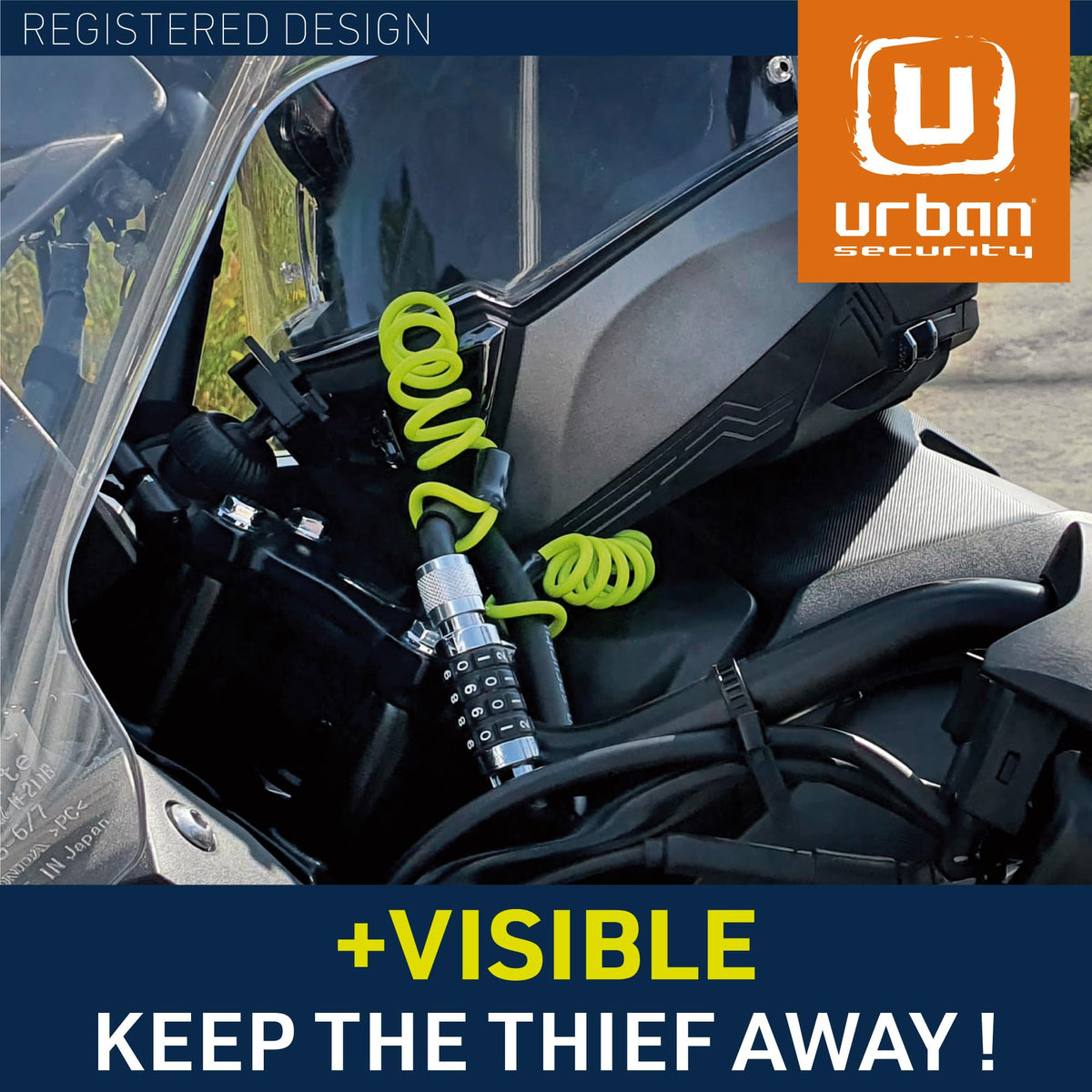 urban UR140 attached to motorcycle handlebars providing quick parking security