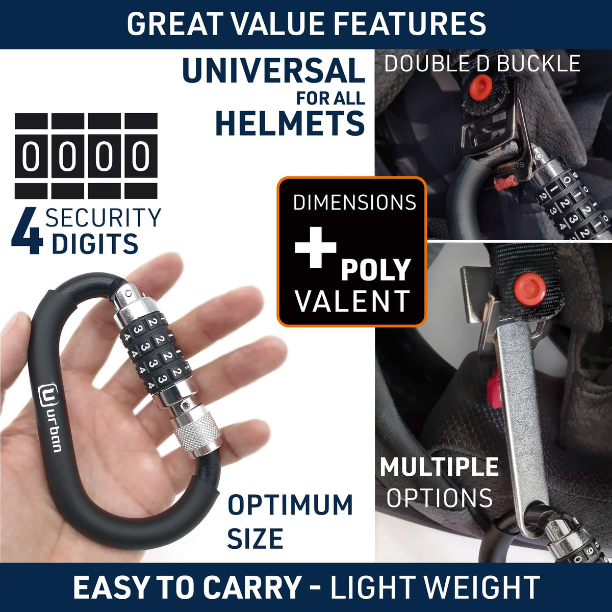 urban UR140 locked through helmet D-ring keeping helmet tethered safely
