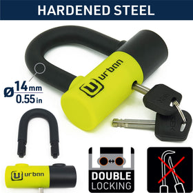 urban UR59 close-up of 14mm hardened steel U-bow demonstrating cut resistance