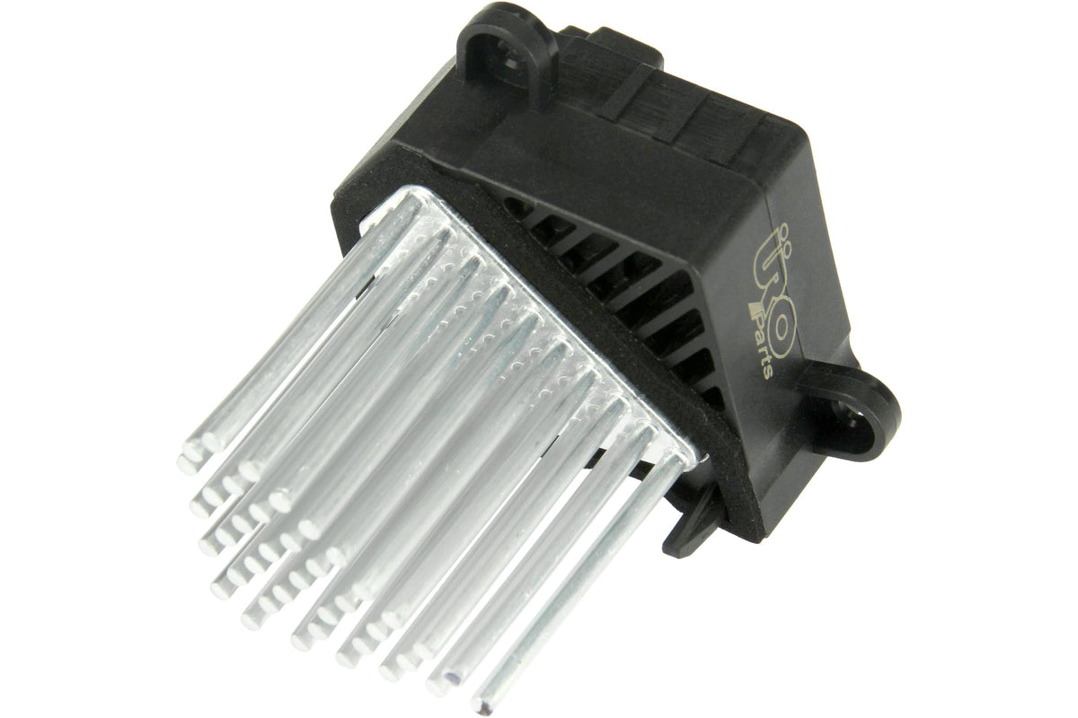 URO Parts resistor installed in BMW HVAC housing demonstrating restored blower control