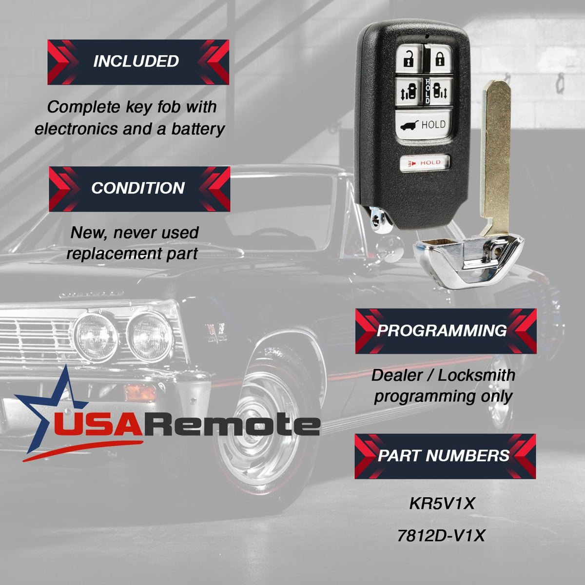 USARemote KR5V1X uncut key closeup included for locksmith cutting