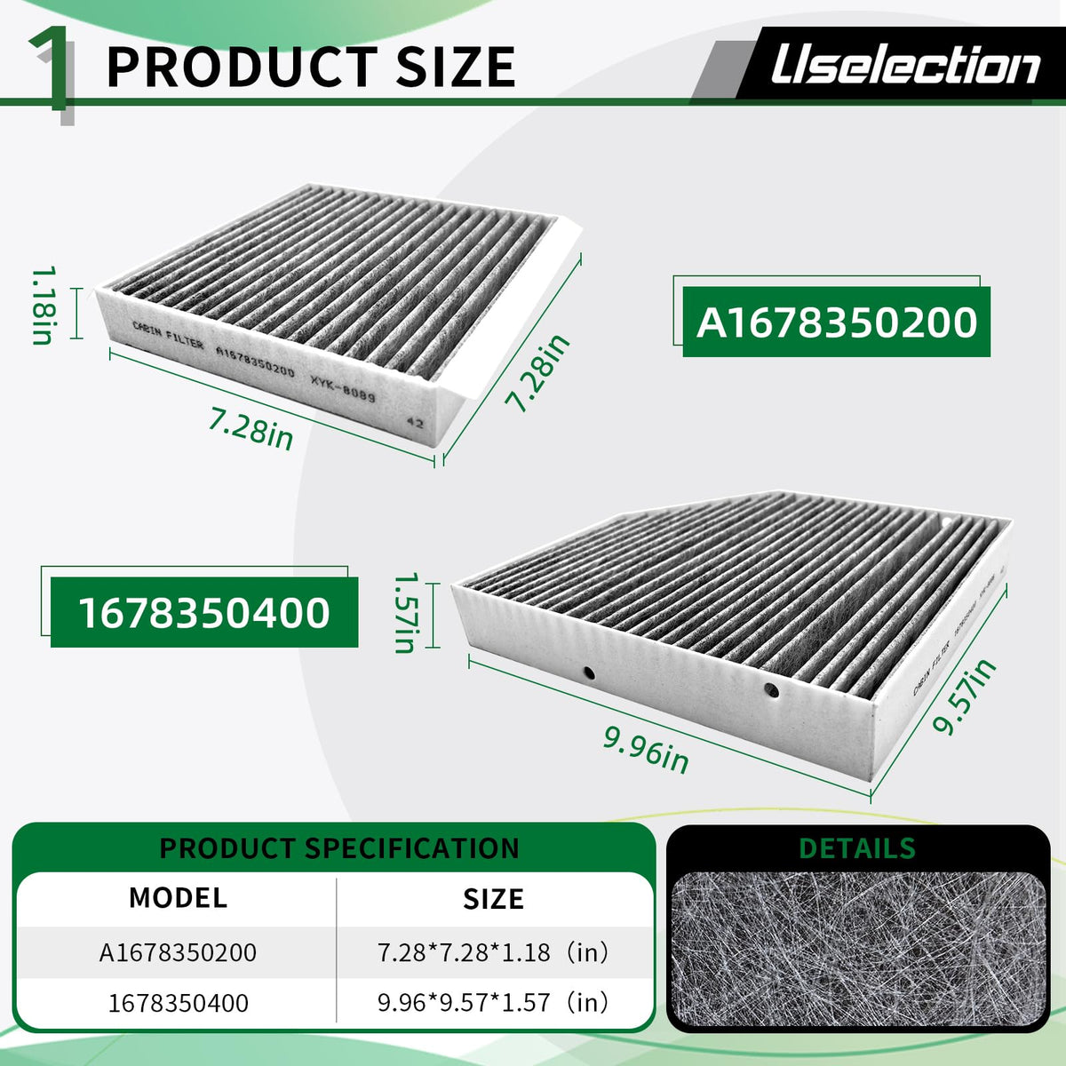 Uselection cabin filter close-up showing activated carbon layer, reduces odors