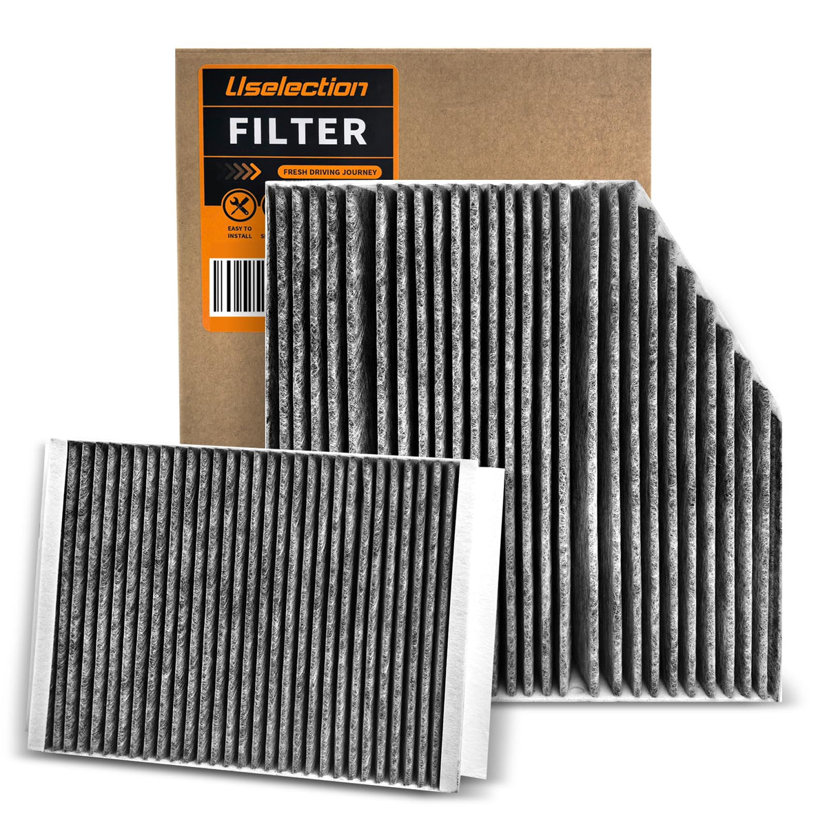 Uselection front packaging of cabin and engine filter kit showing included pieces and benefit fresh replacement