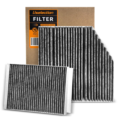 Uselection front packaging of cabin and engine filter kit showing included pieces and benefit fresh replacement