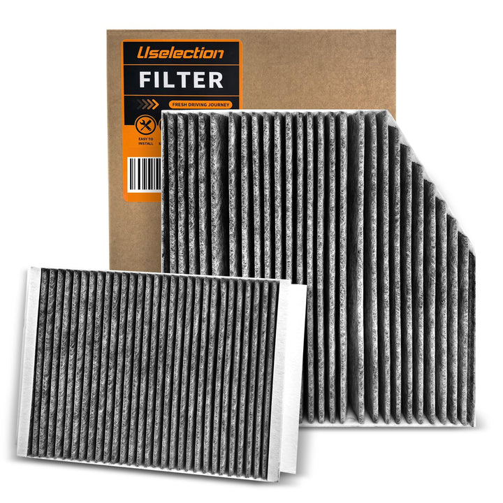 Uselection front packaging of cabin and engine filter kit showing included pieces and benefit fresh replacement