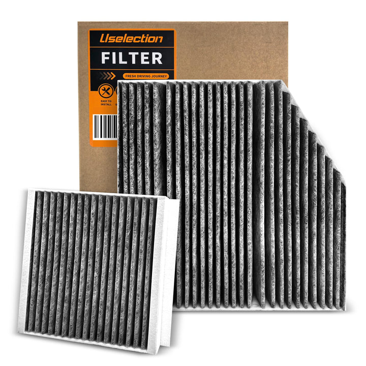 Uselection front packaging showing cabin and engine filters, ensures correct replacement