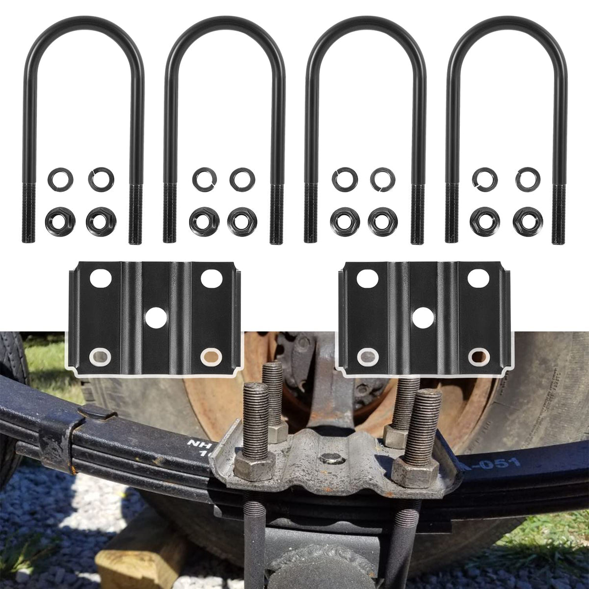 Ussuray front view of U bolt kit showing hardware, ensures correct fit