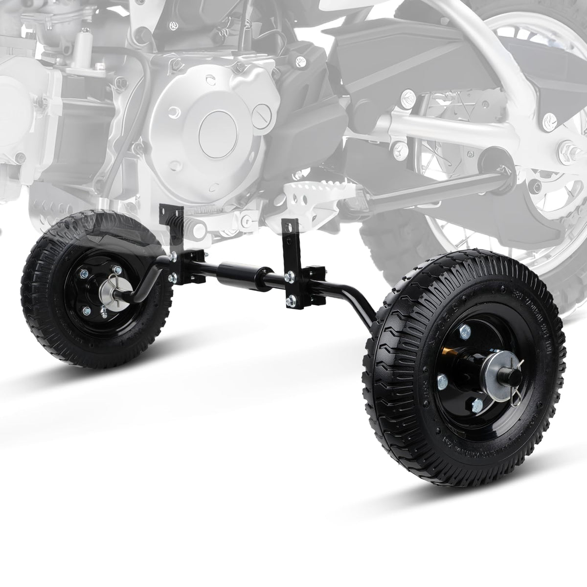 USTPO front-mounted training wheels on a 50cc bike for immediate stability