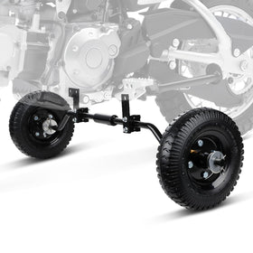 USTPO front-mounted training wheels on a 50cc bike for immediate stability