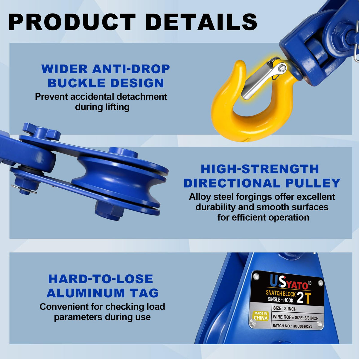 USYATO snatch block beside pliers for scale illustrating compact, portable size