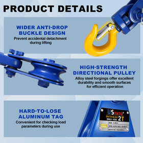 USYATO snatch block beside pliers for scale illustrating compact, portable size