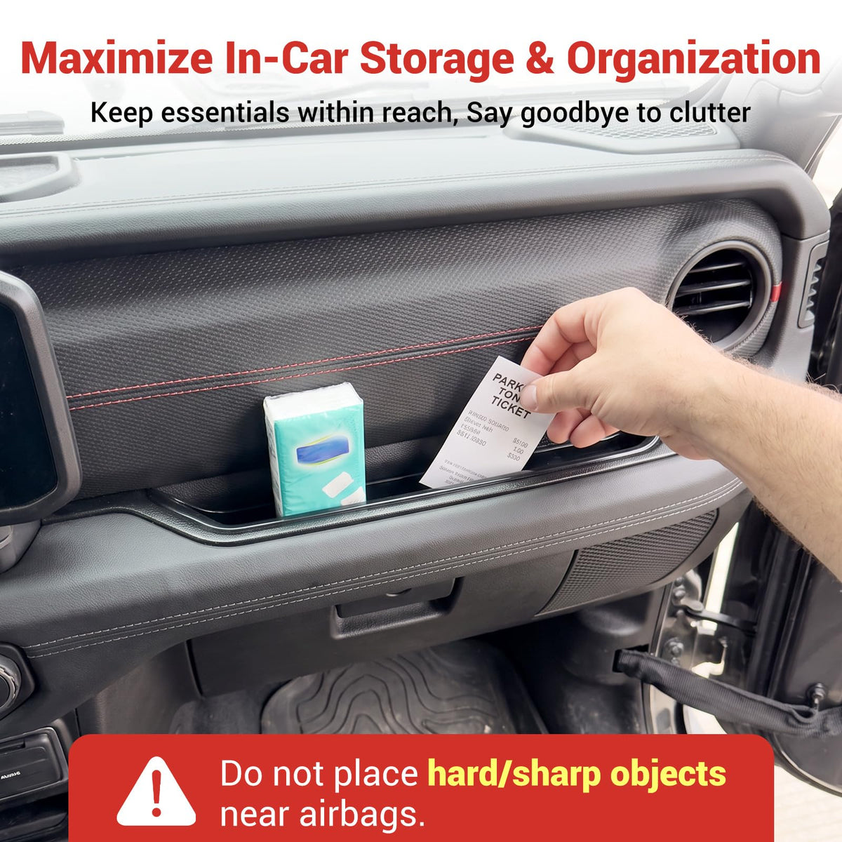 Utiiy tray holding phone sunglasses keys showing organized storage benefit