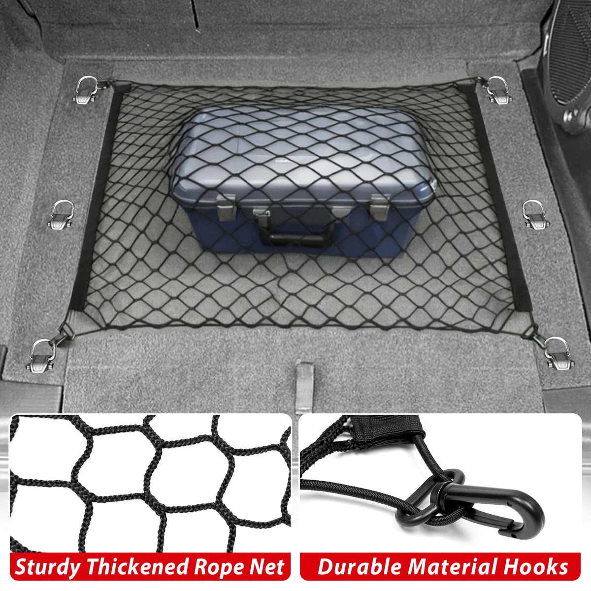 Utiiy cargo net holding groceries and gear showing organized space