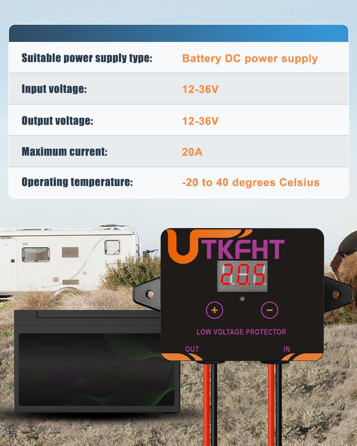 UTKFHT mounted on RV battery setup protecting against deep discharge