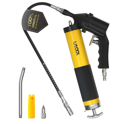 UTOOL grease gun front view showing ergonomic pistol grip and yellow finish, great visibility