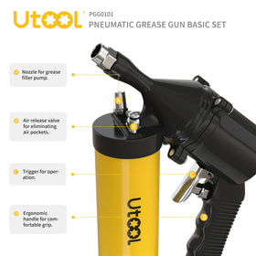 UTOOL kit accessories laid out showing extension, nozzle, coupler and cleaning tool for versatility