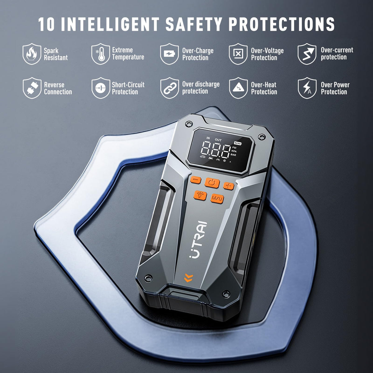 UTRAI jump starter connected to a car battery demonstrating fast engine restart capability