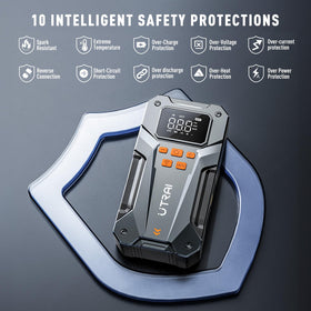 UTRAI jump starter connected to a car battery demonstrating fast engine restart capability