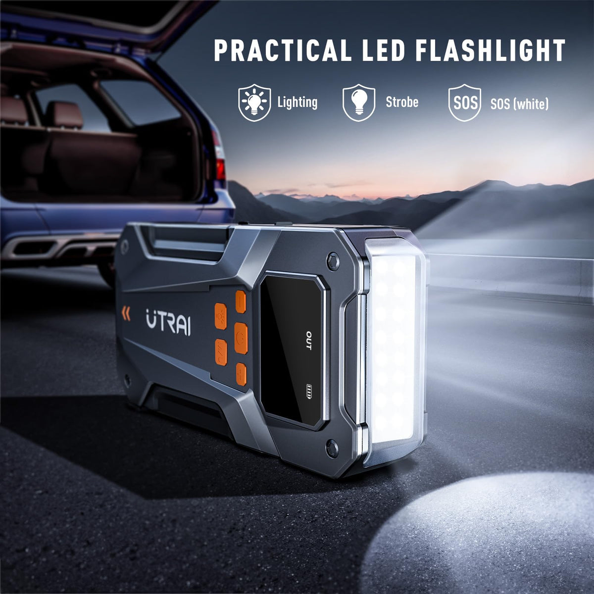 UTRAI LED flashlight and USB ports view, handy for charging phones and lighting repairs