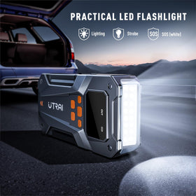 UTRAI LED flashlight and USB ports view, handy for charging phones and lighting repairs