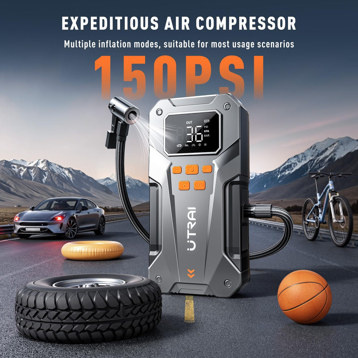 UTRAI inflator hose with four nozzle adapters, versatile for tires, balls, and mattresses