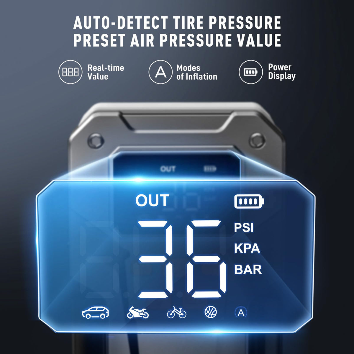 UTRAI digital LCD pressure display showing PSI readout for accurate tire inflation