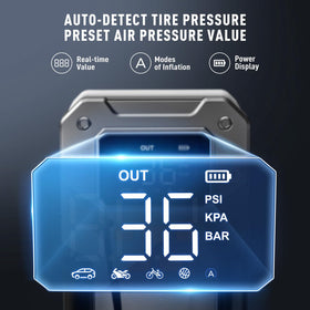 UTRAI digital LCD pressure display showing PSI readout for accurate tire inflation