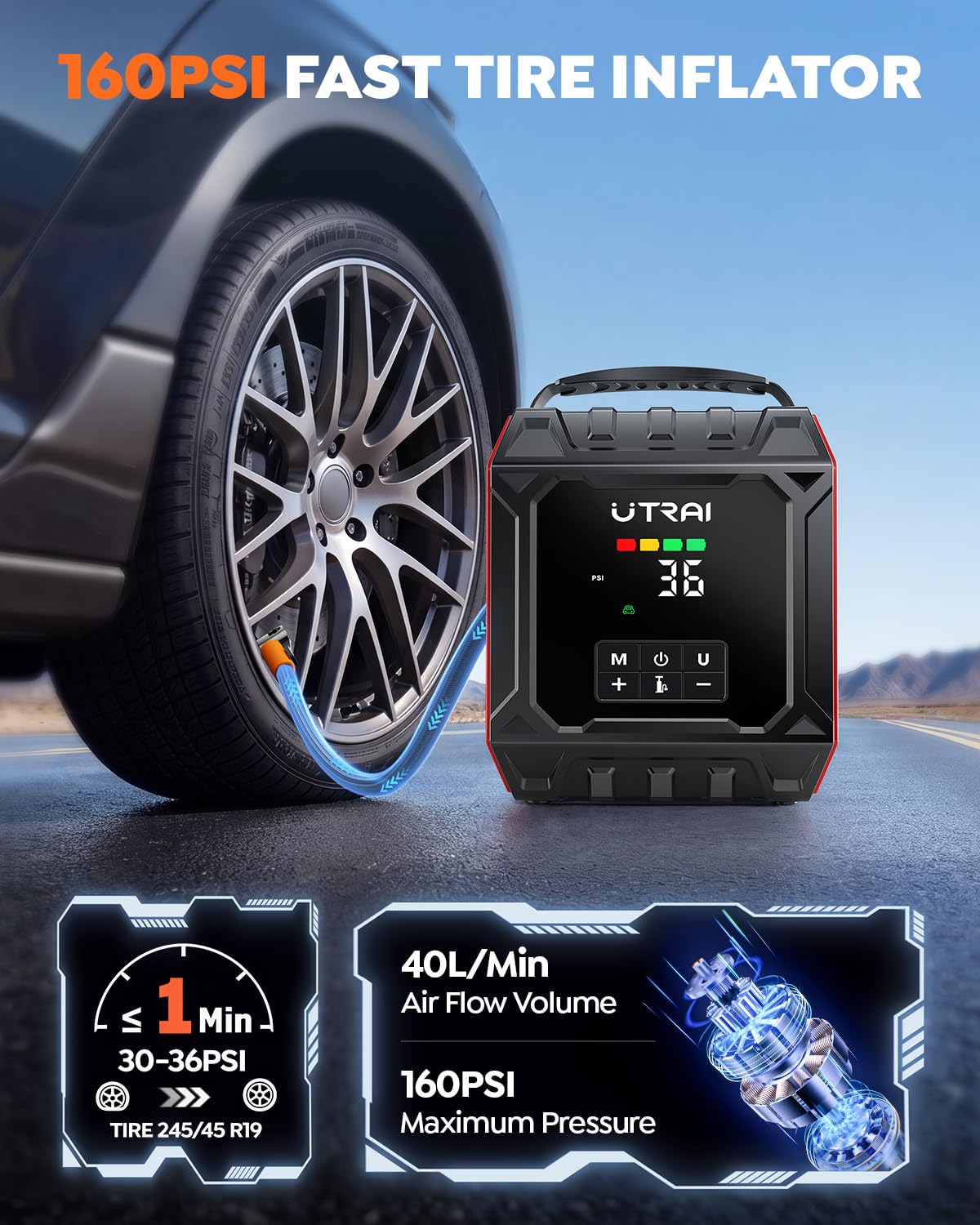 UTRAI air compressor close-up with 3.3-inch display showing preset pressure for accurate inflation.