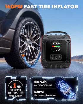 UTRAI air compressor close-up with 3.3-inch display showing preset pressure for accurate inflation.