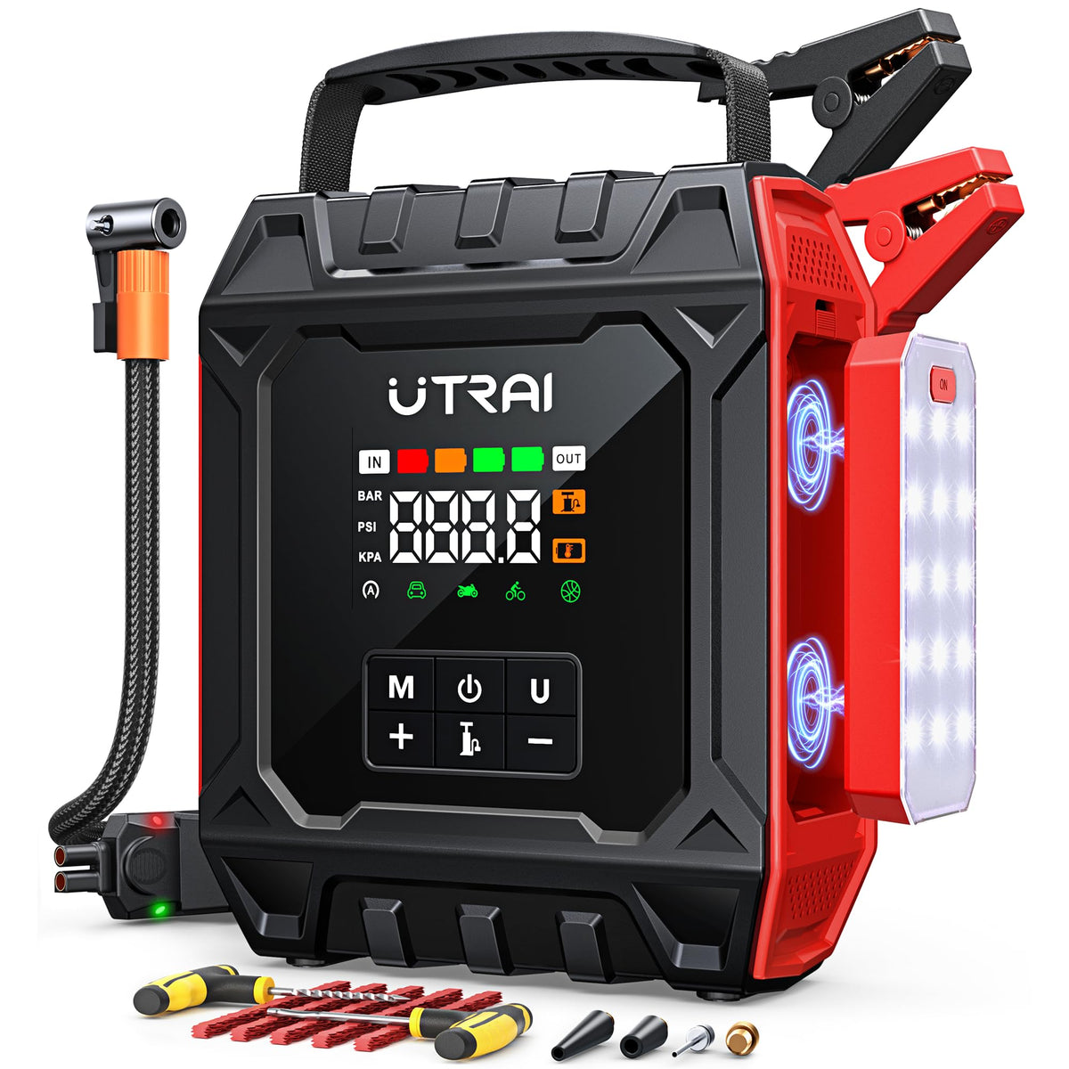 UTRAI front packaging showing jump starter features and compact design for travel.