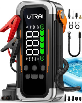UTRAI front view showing compact jump starter design and portability