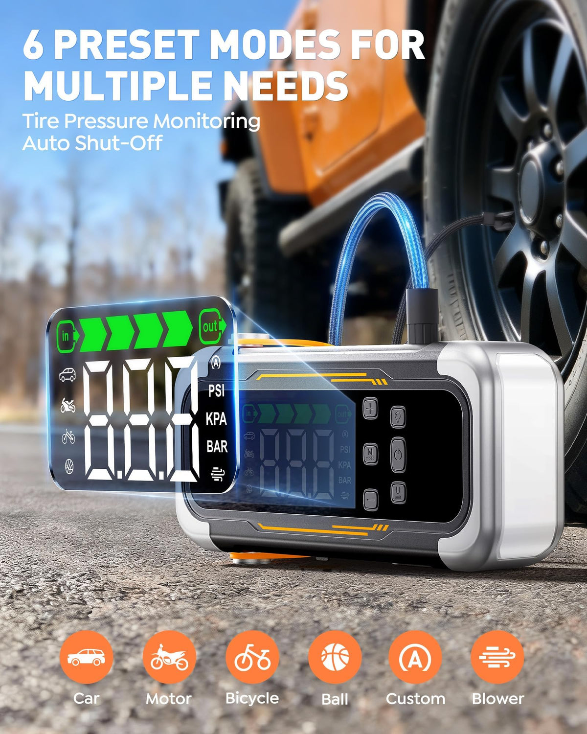 UTRAI inflating car tire with integrated compressor for quick inflation