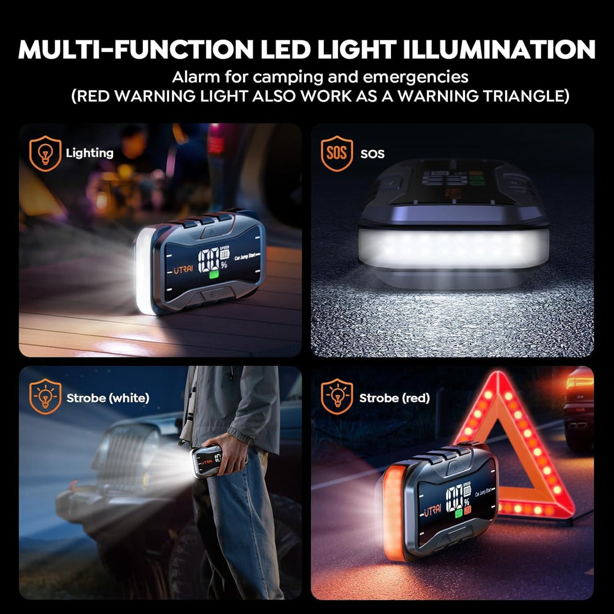 UTRAI LED flashlight modes lit including SOS, bright long‑lasting illumination