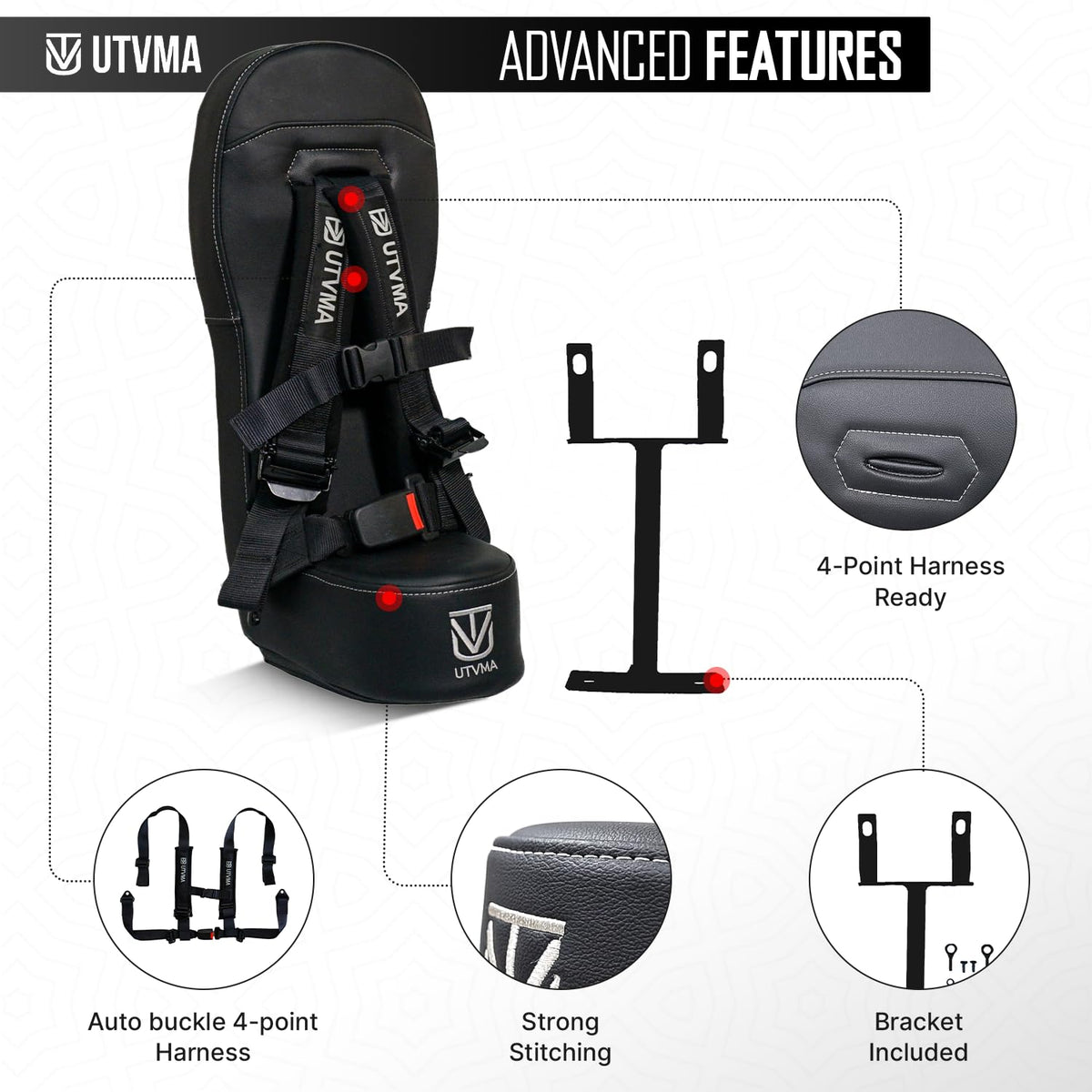 UTVMA child seated in bump seat to show scale and safe positioning under harness