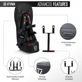 UTVMA child seated in bump seat to show scale and safe positioning under harness