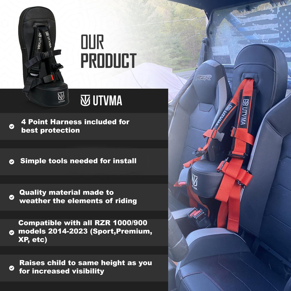 UTVMA 4-point harness auto-buckle closeup for fast securement and simple use