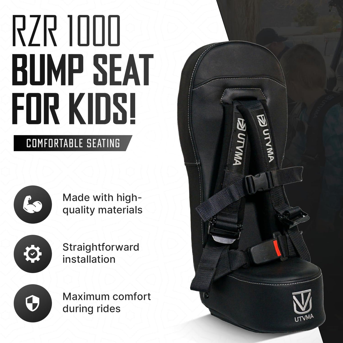 UTVMA bump seat installed in RZR rear demonstrating correct fit and family-ready layout