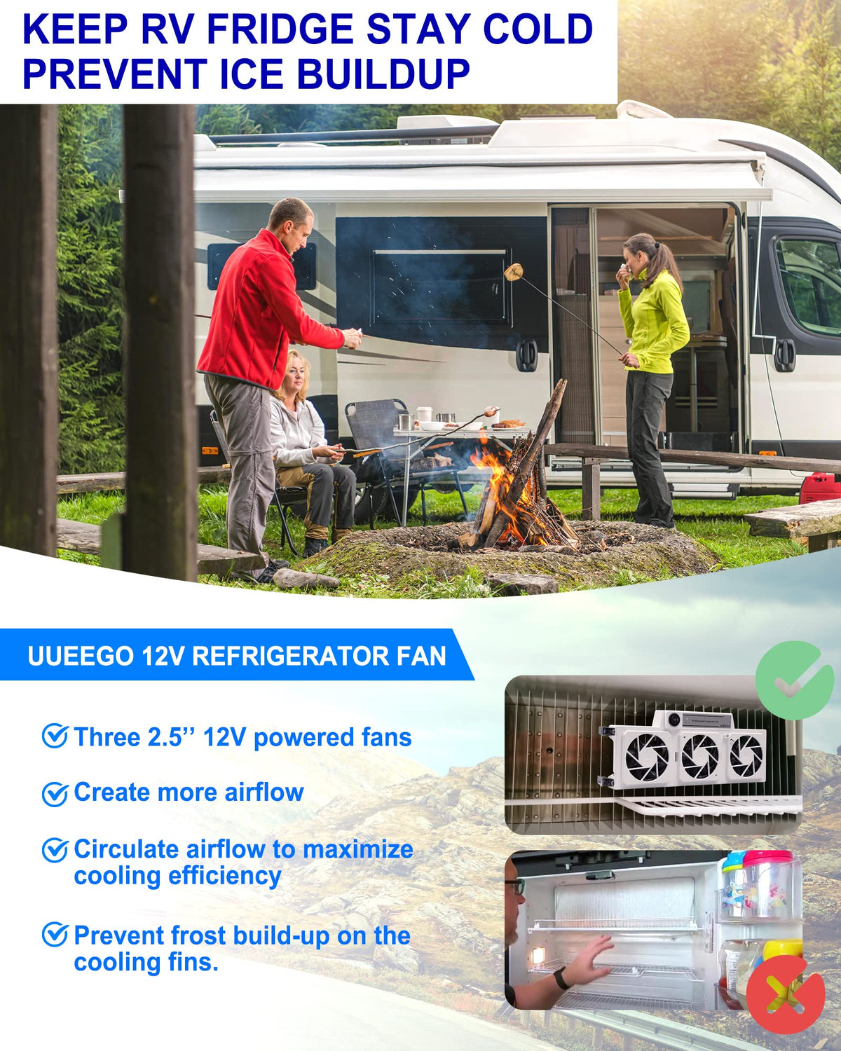 uueeGo operating inside RV fridge illustrating even airflow distribution