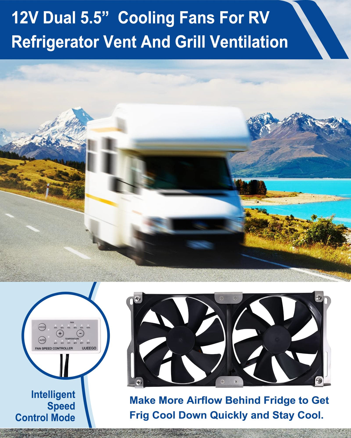 Uueego installed behind RV fridge grille demonstrating cooler cabinet performance